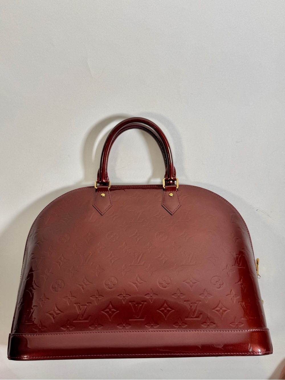 Louis Vuitton Burgundy Monogram Vernis Alma Satchel with Gold Hardware
